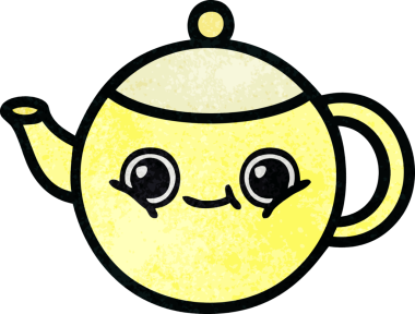 Bir insanın çizdiği çay demliğinin retro grunge desenli karikatürü.