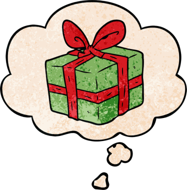 Bir insan tarafından çizilmiş grunge desenli düşünce baloncuğu ile paketlenmiş bir çizgi film hediyesi.