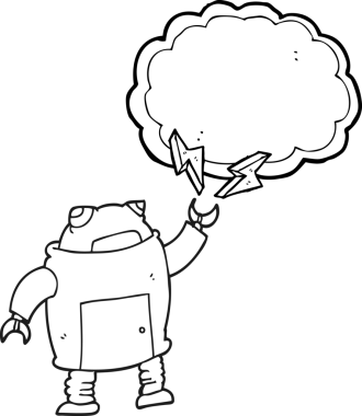 Bir insan tarafından çizilmiş siyah beyaz robot çizimi.