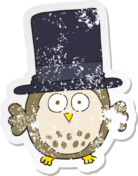 Bir insan tarafından çizilmiş silindir şapkalı bir baykuşun gerilmiş çıkartması.