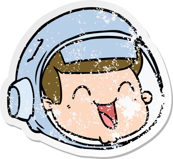 Bir insan tarafından çizilmiş mutlu astronot suratlı karikatür çıkartması.