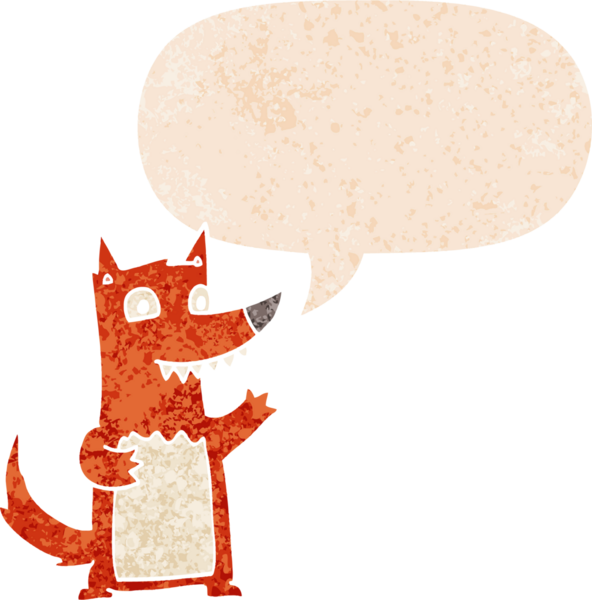 Konuşma baloncuğu olan bir karikatür kurdu, bir insan tarafından çizilmiş, sıkıntılı eski moda bir stil.