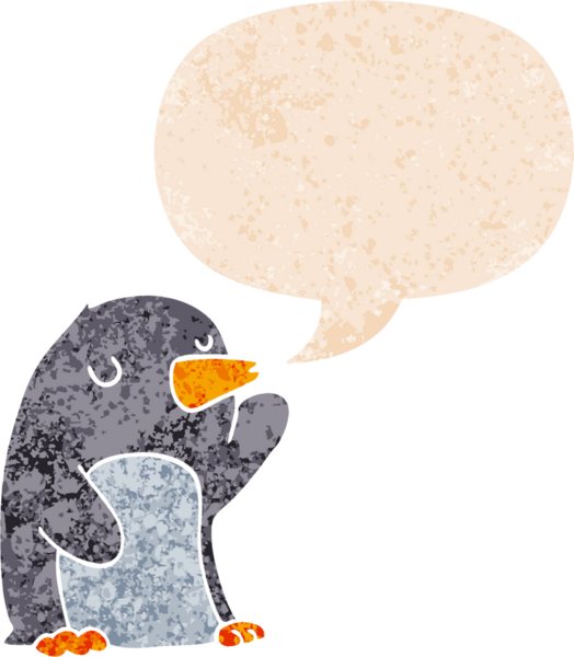 grunge 'da konuşma balonu olan karikatür pengueni bir insan tarafından çizilmiş tedirgin geçmiş dokulara sahip.