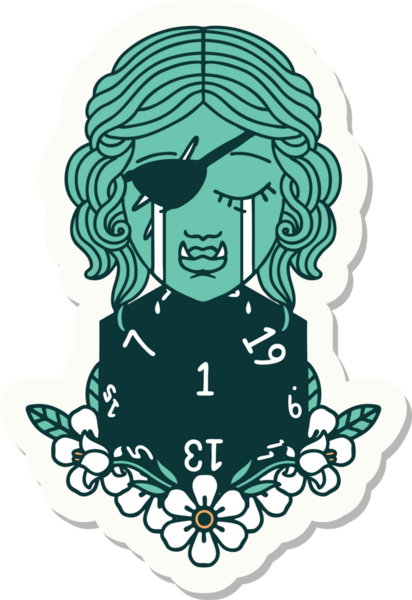 Ağlayan yarı ork haydut bir karakterin çıkartması. Bir insan tarafından çizilmiş doğal bir D20 rulosu.