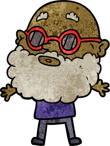 Bir insan tarafından çizilmiş sakallı ve güneş gözlüklü meraklı bir adam.