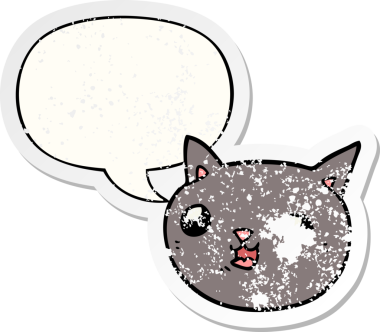 Konuşma baloncuğu olan çizgi film kedisi bir insan tarafından çizilmiş sıkıntılı eski bir çıkartma