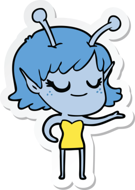 Bir insan tarafından çizilmiş gülümseyen uzaylı bir kızın çıkartması.