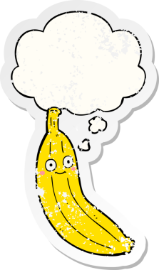 Düşünce baloncuklu çizgi film muzu, insan tarafından çizilmiş yıpranmış bir çıkartma gibi.