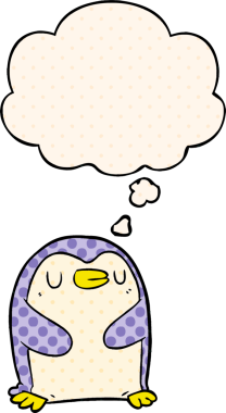 Çizgi roman tarzında bir insan tarafından çizilmiş düşünce baloncuğu olan penguen.