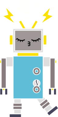 Bir insan tarafından çizilmiş arızalı bir robotun düz renk retro karikatürü