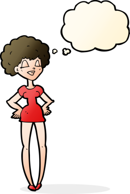 Bir insan tarafından çizilmiş düşünce balonlu ellerle mutlu bir kadın.