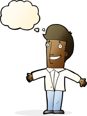 Bir insan tarafından çizilmiş düşünce baloncuğuyla kollarını açmış sırıtan çizgi film adamı.