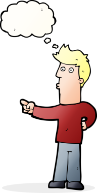 Bir insan tarafından çizilen düşünce baloncuğuyla işaret eden çizgi film adamı.