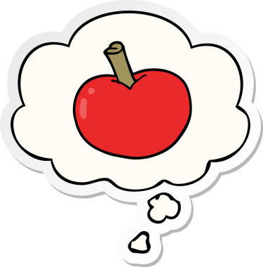 insan tarafından çizilmiş bir çıkartma olarak düşünce baloncuklu çizgi film elması.