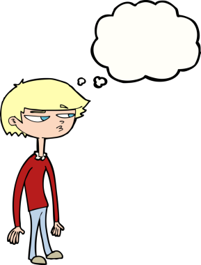 Bir insan tarafından çizilmiş düşünce balonlu şüpheli çocuk çizgi filmi.