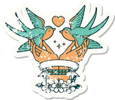 Elleri bağlı eski bir çıkartma ve bir insan tarafından çizilmiş kırlangıçlar.