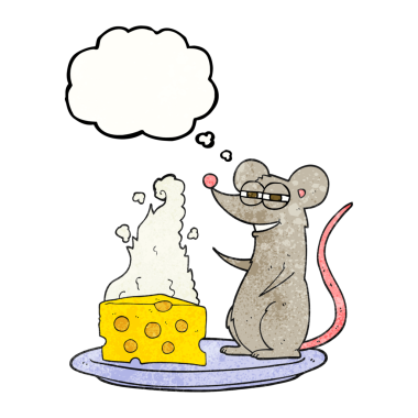 El yazısıyla çizilmiş düşünce kabarcığı bir insan tarafından çizilmiş peynirli çizgi film faresi.