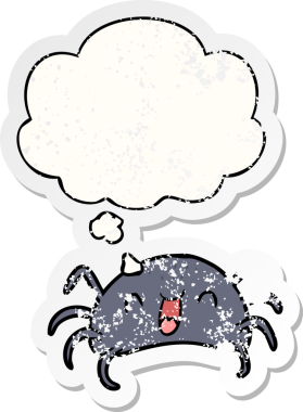 Düşünce baloncuğu olan çizgi film örümceği insan tarafından çizilmiş yıpranmış bir çıkartma.