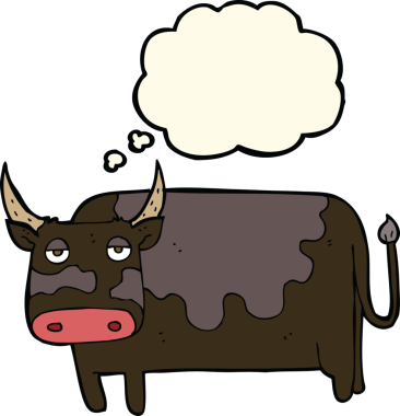 Bir insan tarafından çizilmiş düşünce balonlu çizgi film ineği.