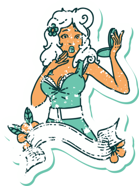 İkonik sıkıntılı dövme stili, afişi bir insan tarafından çizilmiş afiş ile şaşırtılmış bir kızın resmi.