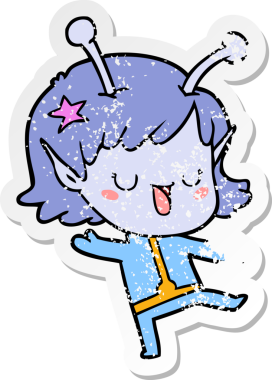 Bir insan tarafından çizilmiş mutlu uzaylı kız çizgi filminin sıkıntılı çıkartması.