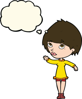 Bir insan tarafından çizilmiş düşünce baloncuğuyla el sallayan çizgi film kadını.