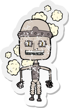 Bir insan tarafından çizilmiş komik bir çizgi robotun gerilemiş retro çıkartması.