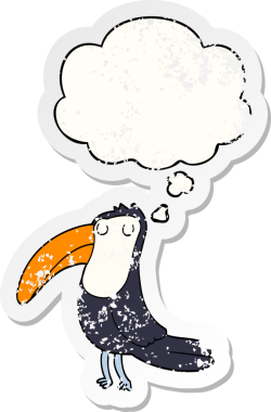 Düşünce baloncuğu olan çizgi film Toucan, insan tarafından çizilmiş yıpranmış bir çıkartma.