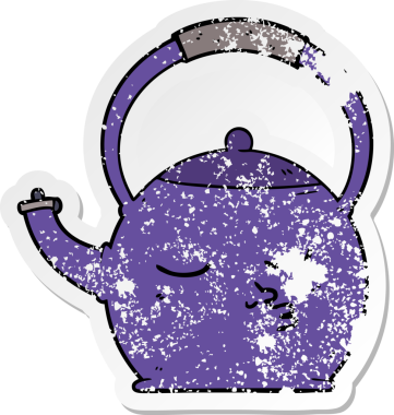 Bir insan tarafından çizilmiş karikatür çaydanlığının sıkıntılı etiketi