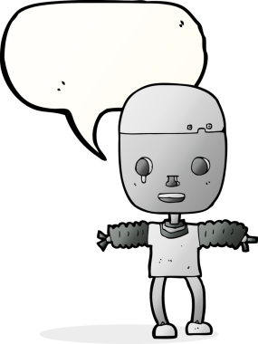 Bir insan tarafından çizilmiş konuşma balonu olan çizgi film robotu.