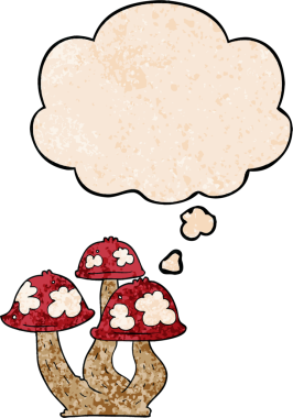 Bir insan tarafından çizilmiş grunge desenli düşünce baloncuklu mantarlar.