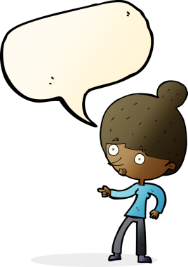 Bir insan tarafından çizilmiş bir konuşma balonuyla işaret eden çizgi film kadını.