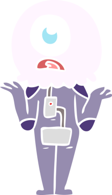 Düz renkli çizgi film Tepegöz uzaylı uzay adamı bir insan tarafından çizilmiş omuz silkiyor.