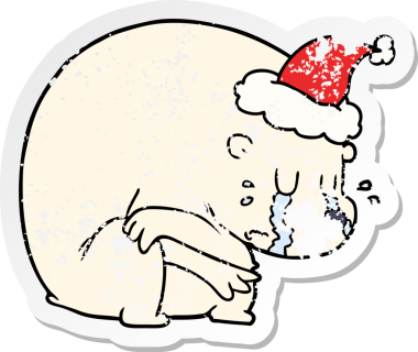Ağlayan el, bir insan tarafından çizilmiş Noel Baba şapkası giymiş bir kutup ayısının üzgün çıkartması.