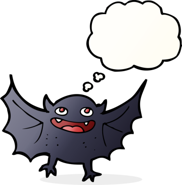 Bir insan tarafından çizilmiş düşünce balonlu vampir yarasa çizgi filmi.