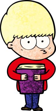 Sinirli çizgi film çocuğu elinde bir insan tarafından çizilmiş bir kitap tutuyor.