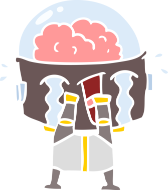 Bir insan tarafından çizilmiş düz renkli karikatür ağlayan robot.