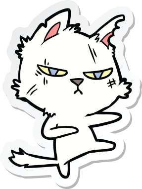 Bir insan tarafından çizilmiş sert bir çizgi film kedisinin çıkartması.