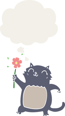 Düşünce baloncuğu olan çiçekli çizgi film kedisi insan tarafından çizilmiş.