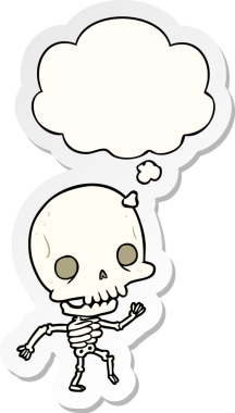 İnsan tarafından çizilmiş bir çıkartma olarak düşünce baloncuğu olan karikatür iskeleti.