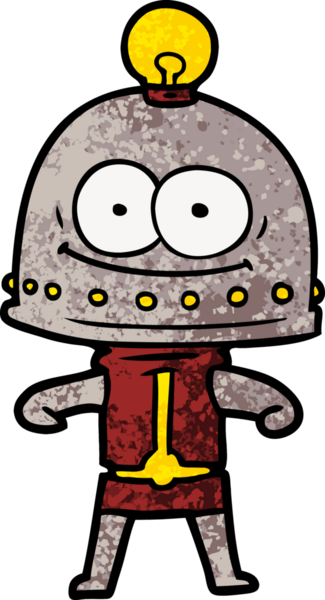 Bir insan tarafından çizilmiş ampullü mutlu karton robot.