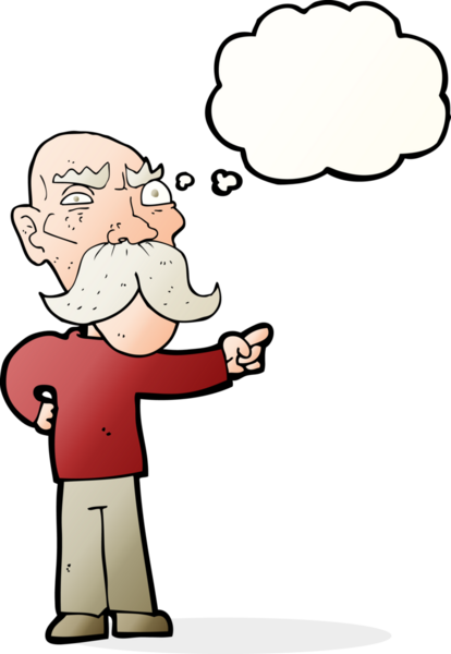 Bir insan tarafından çizilen düşünce baloncuğuyla işaret eden yaşlı adam sinirlendi.