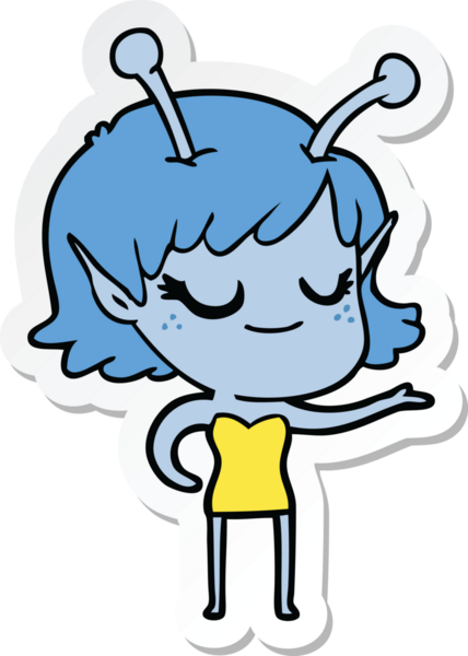 Bir insan tarafından çizilmiş gülümseyen uzaylı bir kızın çıkartması.