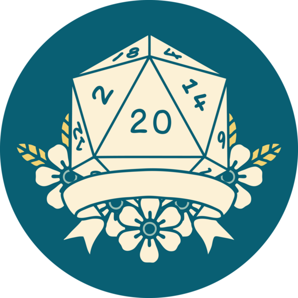 Retro Dövme Biçimi Doğal 20 kritik vuruş D20 zar bir insan tarafından çizildi