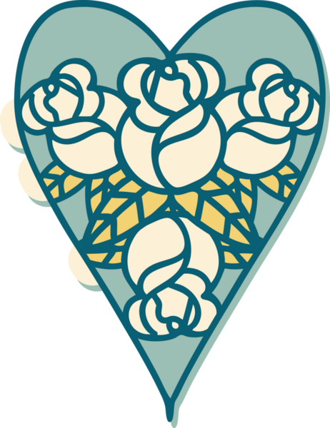 Geleneksel kalp stili dövme çıkartması ve bir insan tarafından çizilmiş çiçekler.