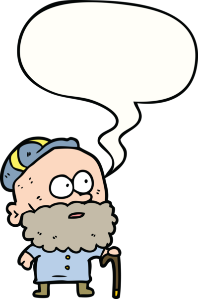 Bir insan tarafından çizilmiş konuşma balonlu bastonlu ve düz şapkalı yaşlı çizgi film adamı.