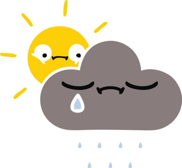 Bir fırtına bulutu ve bir insan tarafından çizilen güneşin düz renkli retro karikatürü