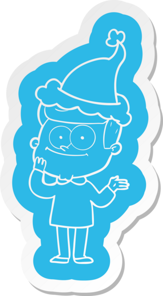 Bir insan tarafından çizilmiş Noel Baba şapkası giyen mutlu bir adamın garip çizgi film çıkartması.