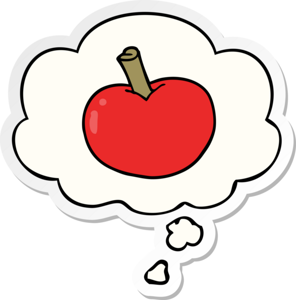insan tarafından çizilmiş bir çıkartma olarak düşünce baloncuklu çizgi film elması.