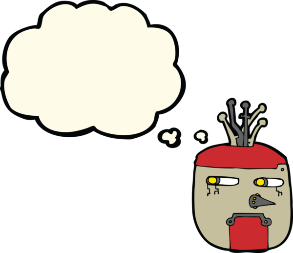 Bir insan tarafından çizilmiş düşünce baloncuklu robot kafası.